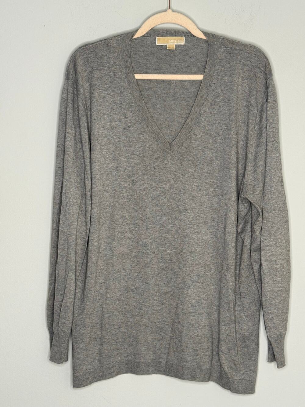 MICHAEL Michael Kors Gray Fine Knit V-Neck Sweater Tunic Long Slits Sz 1X Plus